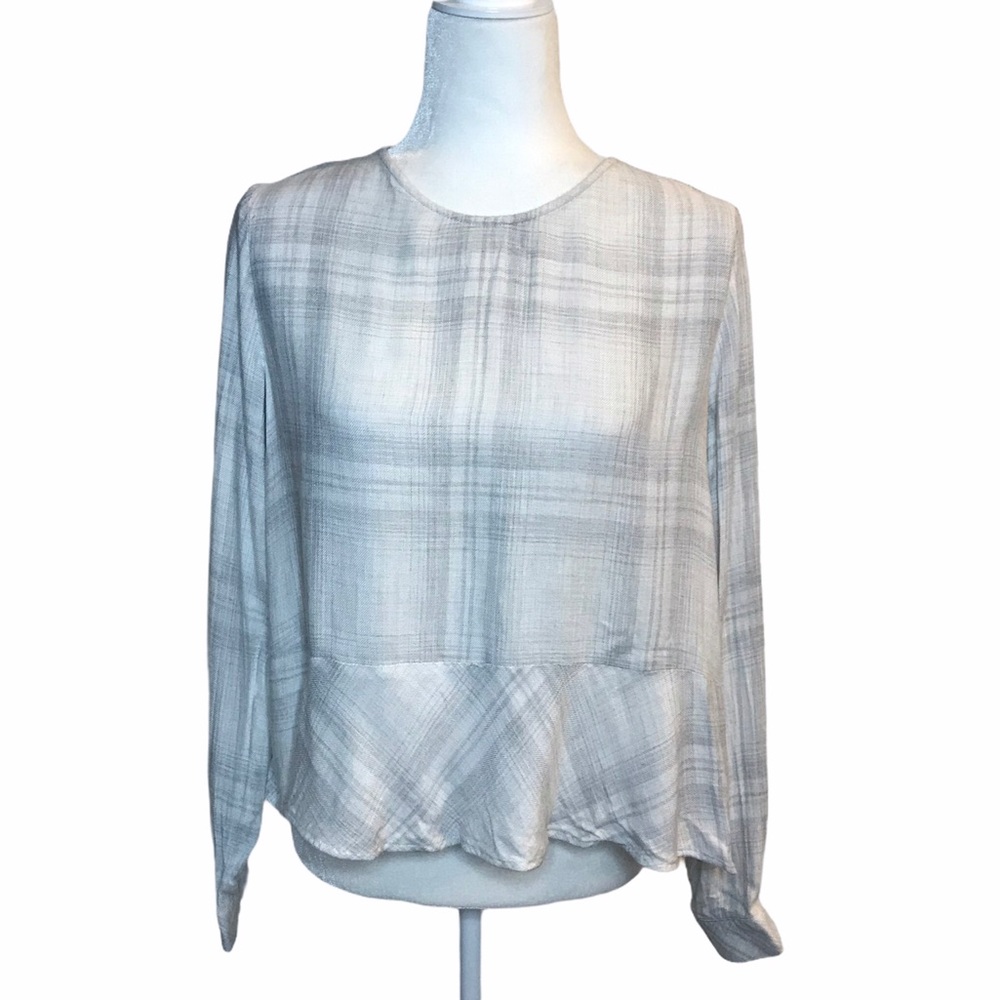 Cloth & Stone Gray Plaid Long Sleeve Shirt Ruffle - Picture 1 of 8